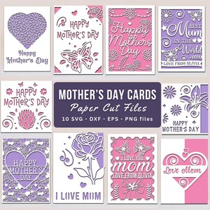Könnte beinhalten: Eine Sammlung von Muttertagskarten mit aufwendigen Papierausstanzungen. Die Karten zeigen Blumen-, Herz- und Schmetterlingsmotive in Rosa- und Lilatönen. Texte beinhalten "Happy Mother's Day" und "Ich liebe dich, Mama."