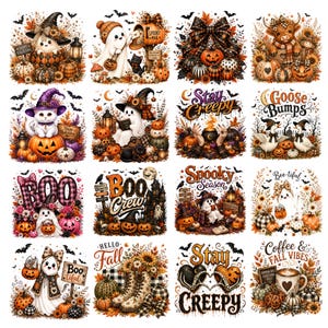 May include: A collection of sixteen Halloween-themed illustrations featuring ghosts, pumpkins, black cats, witches, and autumn foliage. The designs include text such as Stay Creepy, Goose Bumps, Boo Crew, Spooky Season, Hello Fall, and Coffee & Fall Vibes.