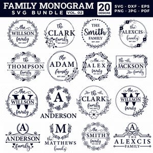 May include: A collection of 20 family monogram designs in SVG, DXF, EPS, PNG, JPG, and PDF formats. Each design features a family name, often encircled by floral or leaf wreaths. The designs include the text "EST: 2021".