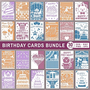 May include: A digital collection of 30 birthday card designs featuring various illustrations of cakes, balloons, gift boxes, and teddy bears. Each rectangular card includes the text Happy Birthday, with some designs incorporating names like Victoria, Olivia, Anderson, Smith, and Silva.