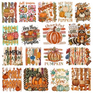 May include: A collection of twenty digital illustrations featuring autumn themes, including pumpkins, wagons, a raccoon, and fall foliage. Each design incorporates seasonal text such as 'Fall Season', 'Pumpkin Season', 'Hello Pumpkin', and 'Fall Vibes' in various fonts and colours.