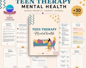 Geestelijke gezondheid tiener, therapiedagboek voor tieners, copingvaardigheden voor tieners, schaduwwerk voor tieners, CGT-werkblad voor tieners, bewerkbare Canva-sjablonen