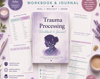Trauma Processing Journal , Trauma therapy, PTSD worksheets, emotion list, Therapy Journal, Counseling, Editable Canva templates