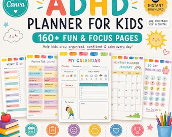 Customizable ADHD Planner for kids, adhd checklist, adhd chart, kids mental health, adhd chore chart, Adhd Sheets, Canva Templates