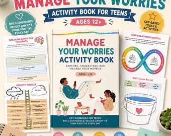 CBT manage your worries activity book, therapy worksheets, therapy tools, resources, regulation, anxiety, teen mental health