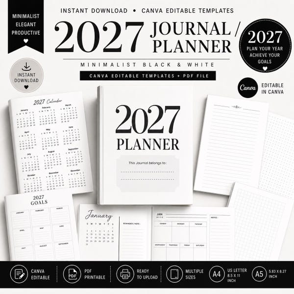 Anpassbarer 2027 Kalender 48 minimalistisch Vorlagen, Monatsplaner, Tagesplaner Printable & Editable mit Canva Kalender KOMMERZIELLE NUTZUNG.