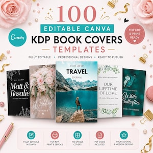 Puede incluir: Una colección digital de 100 plantillas de portadas de libros KDP de Canva editables con varios diseños, incluyendo un planificador de bodas, un diario de viajes y un cuaderno de mariposas, decorado con rosas rosas, perlas y clips dorados.