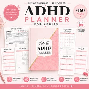 May include: A digital ADHD planner for adults featuring a pink marble-textured cover with gold accents. The set includes printable PDF pages for daily, weekly, and monthly scheduling, habit tracking, and goal setting, all presented in a clean, organized layout.