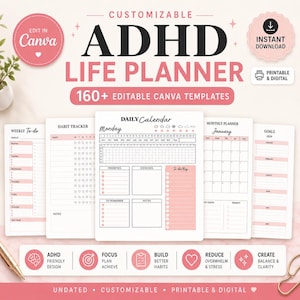 Anpassningsbar livsplanerare för ADHD, 160+ Canva-mallar (digital nedladdning)