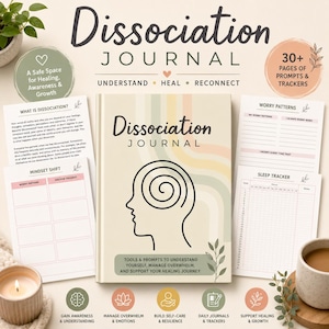 May include: A Dissociation Journal with a cream cover featuring a black line drawing of a human head with a spiral brain, pastel rainbow stripes, and text. Includes loose pages for worry patterns, sleep tracking, and mindset shifts with prompts.