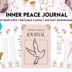 K&ouml;nnte beinhalten: Ein druckbarer Journal-Umschlag mit rosa Hintergrund und goldener Umrandung. Der Umschlag zeigt eine wei&szlig;e Taube mit ausgebreiteten Fl&uuml;geln und den Text "INNER PEACE JOURNAL".