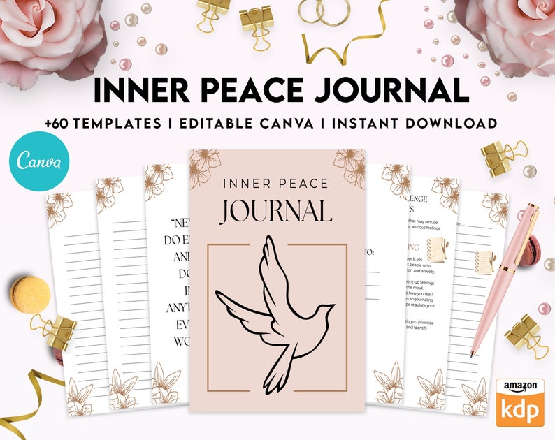 K&ouml;nnte beinhalten: Ein druckbarer Journal-Umschlag mit rosa Hintergrund und goldener Umrandung. Der Umschlag zeigt eine wei&szlig;e Taube mit ausgebreiteten Fl&uuml;geln und den Text "INNER PEACE JOURNAL".