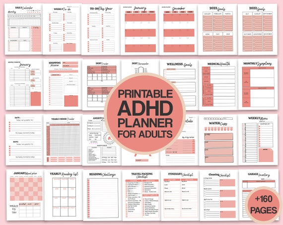 Adult ADHD Life Planner, ADHD journal, adhd bundle printable, daily weekly monthly Yearly planner, Wellness meditation Health PDF 8.5x11"