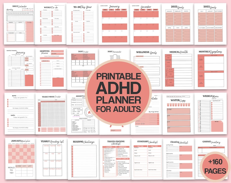 May include: Printable planner with over 160 pages designed for adults with ADHD. The planner features a variety of pages for daily, weekly, and monthly planning, as well as goal setting, habit tracking, and mood tracking. The pages are designed with a pink and black color scheme.