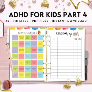 May include: A printable PDF download for kids with ADHD. The download includes a book challenge with 36 squares and a reading log with columns for date, title, start page, and end page.
