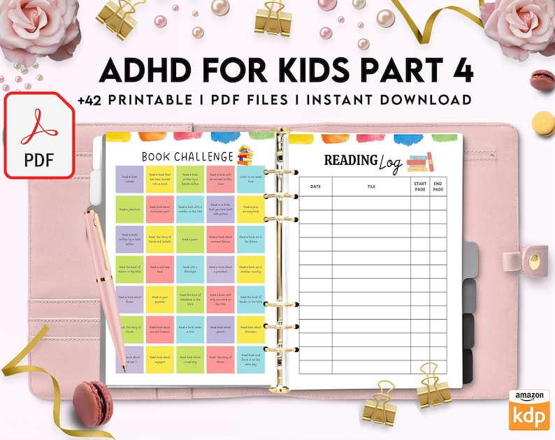May include: A printable PDF download for kids with ADHD. The download includes a book challenge with 36 squares and a reading log with columns for date, title, start page, and end page.