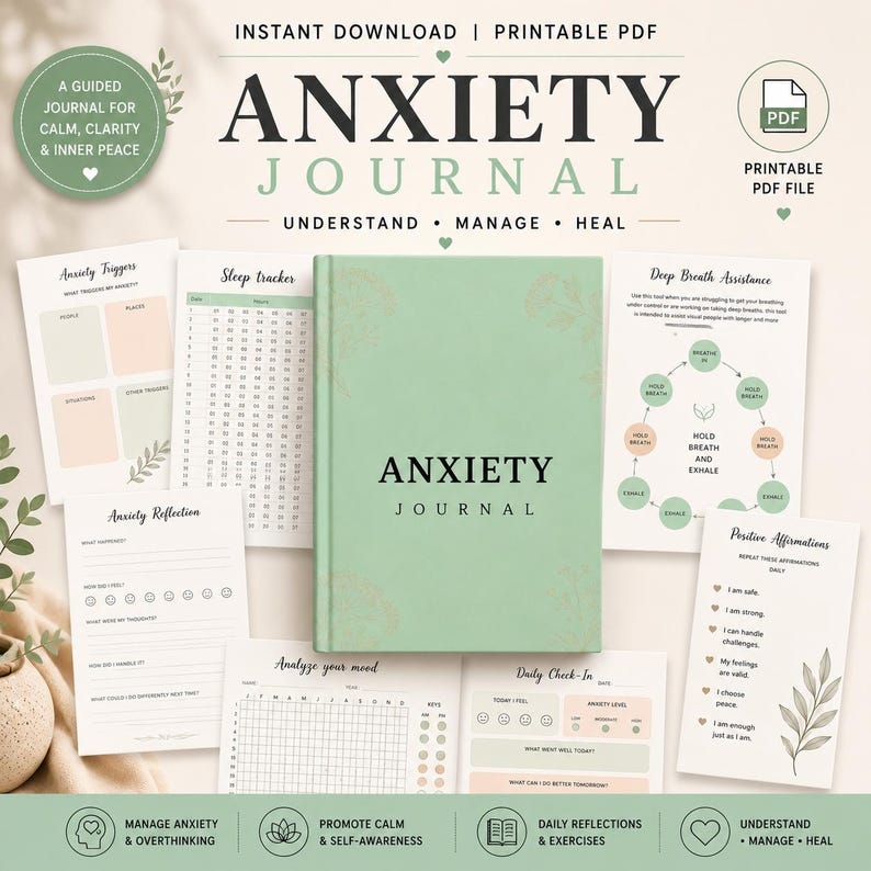 May include: A light green journal titled Anxiety Journal with several printable pages displayed around it, including a sleep tracker, anxiety reflection sheet, deep breath assistance guide, mood analyzer, daily check-in, and positive affirmations.