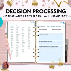 May include: A pink binder with gold rings and a blue and white page with the text "Decision Processing" and "Part 1: Decision Processing". The page has sections for "Date of exercise completion", "Date decision needs to be made by", "What decision needs to be made?", "What/Who does this decision directly impact?", "What aspect of life do you directly want this decision to have an impact on?", "Level of impact", "Best scenario results", and "Worst scenario results".