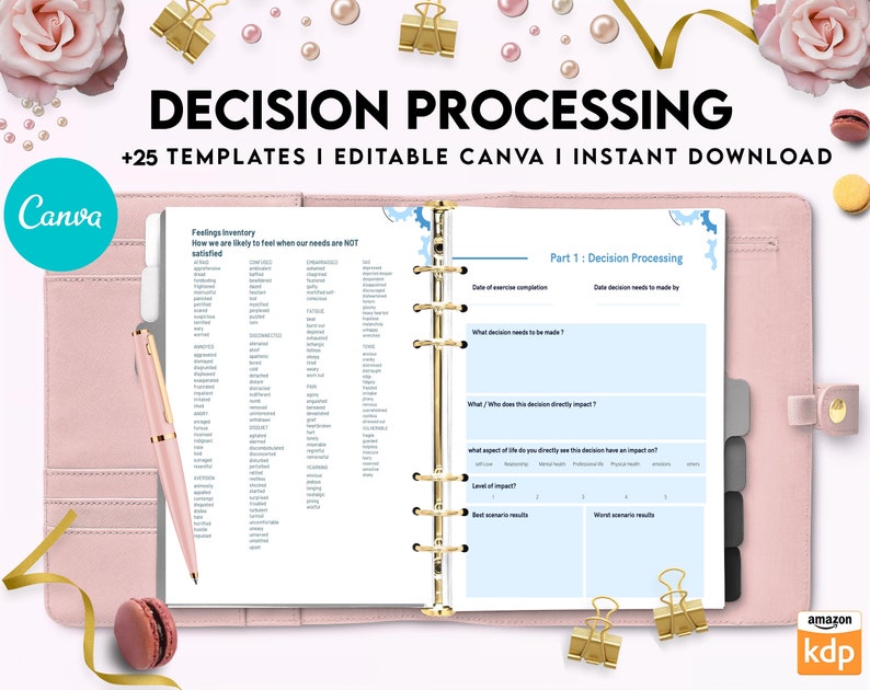 May include: A pink binder with gold rings and a blue and white page with the text "Decision Processing" and "Part 1: Decision Processing". The page has sections for "Date of exercise completion", "Date decision needs to be made by", "What decision needs to be made?", "What/Who does this decision directly impact?", "What aspect of life do you directly want this decision to have an impact on?", "Level of impact", "Best scenario results", and "Worst scenario results".
