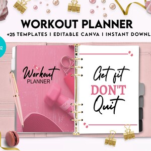 May include: Pink and gold workout planner with the text "Workout Planner" and "Get fit DON'T Quit" on the cover. The planner has a ring binding and is open to a page with a pink background and a dumbbell.