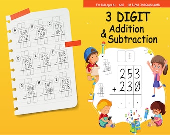 3 Digit Addition Subtraction Activity book PDF File 8.5x11 inch For Kids aged 2-4 4-8,  KDP interior Ready To Upload COMMERCIAL Use