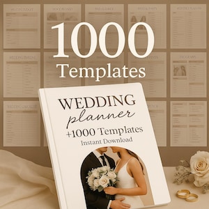 Può includere: Un libro di pianificazione del matrimonio con il titolo "WEDDING planner +1000 Templates Instant Download" è esposto di fronte a uno sfondo di modelli di pianificazione del matrimonio. Il libro presenta una coppia che si abbraccia. La parola "Templates" è scritta in grande.