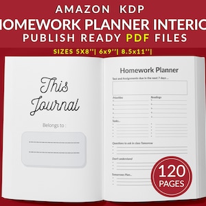 May include: A white and black homework planner with the text "This Journal" and "Belongs to:" on the left page. The right page has the title "Homework Planner" and includes sections for "Test and Assignments due in the next 7 days", "Priorities", "Readings", "Tasks", "Questions to ask in class Tomorrow", "Don't understand", and "Tomorrow's Plan". The planner has 120 pages.