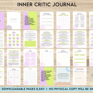 May include: A printable journal with a purple and green color scheme. The cover features the text "Inner Critic Journal" and a quote about finding light. The journal includes pages for reflection, self-care, and coping with inner criticism.