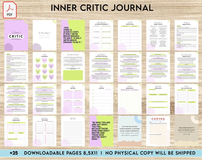 May include: A printable journal with a purple and green color scheme. The cover features the text "Inner Critic Journal" and a quote about finding light. The journal includes pages for reflection, self-care, and coping with inner criticism.