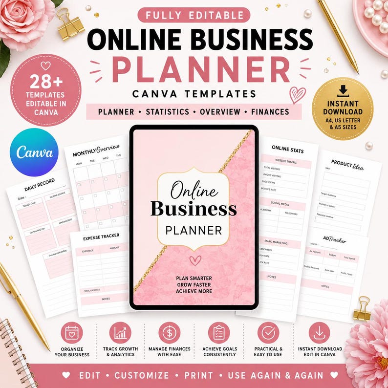 May include: A digital online business planner template set for Canva featuring a pink marble cover design with gold chain accents. The set includes various printable pages for daily records, monthly overviews, expense tracking, online statistics, and product ideas.