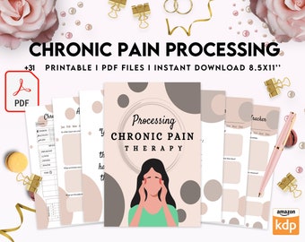 May include: A printable PDF workbook with 31 pages for chronic pain processing therapy. The cover features a pink and brown background with a woman holding her head and the text "Processing Chronic Pain Therapy".