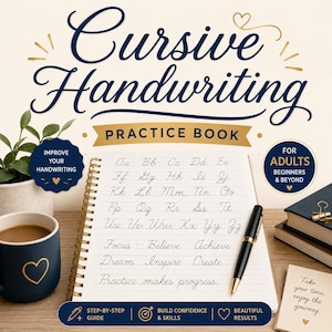 May include: A spiral-bound cursive handwriting practice book for adults with the title Cursive Handwriting Practice Book, featuring alphabet letters, words like Focus, Believe, Achieve, Dream, Inspire, Create, and the phrase Practice makes progress.