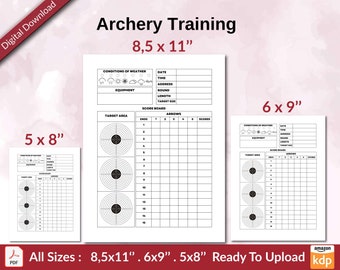 May include: Printable archery target and scorecard templates in three sizes: 8.5 x 11 inches, 6 x 9 inches, and 5 x 8 inches. The templates include sections for recording date, time, address, equipment, and weather conditions.