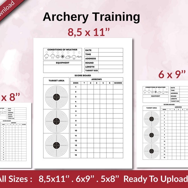 Archery Training 120 pages Ready to Upload PDF used as Low Content Planner tracker or Log Book KDP, Size 6x9 8.5x11 5x8 Commercial Use
