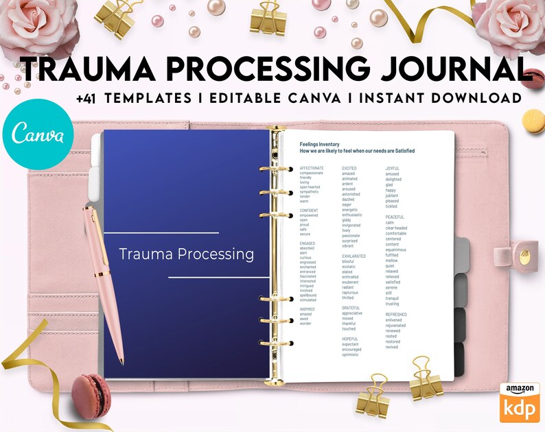 May include: A digital trauma processing journal template featuring a dark blue cover page with white text and a white interior page titled Feelings Inventory. The journal is displayed inside a light pink binder with a matching pink pen and gold clips.