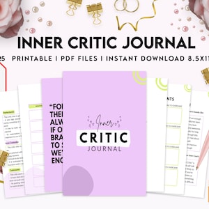 May include: A printable journal with a purple cover and the text "Inner Critic Journal" in black. The journal is designed to help people identify and overcome their inner critic. It includes 25 printable PDF files and is available for instant download. The journal is 8.5 inches by 11 inches.