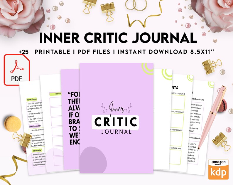 May include: A printable journal with a purple cover and the text "Inner Critic Journal" in black. The journal is designed to help people identify and overcome their inner critic. It includes 25 printable PDF files and is available for instant download. The journal is 8.5 inches by 11 inches.