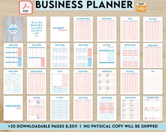 May include: A printable business planner with over 30 pages. The planner includes sections for sales and supply management, content planning, expense tracking, and more. The planner is designed in a blue and pink color scheme with a woodgrain background.