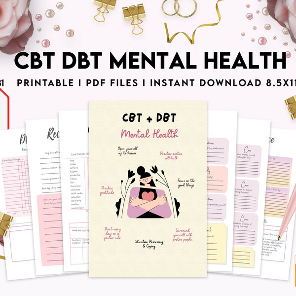 CBT DBT Mental Health Journal and Worksheets, Situation Processing Coping, cbt dbt therapy, 8,5x11" Pdf FILE Imprimable, intérieur kdp