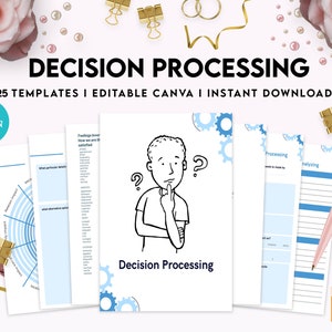 May include: A digital download of 25 printable templates for decision processing. The templates are designed to be used with Canva and include a variety of worksheets and charts to help you make better decisions. The image shows a cartoon character thinking, a decision processing worksheet, and a processing worksheet.