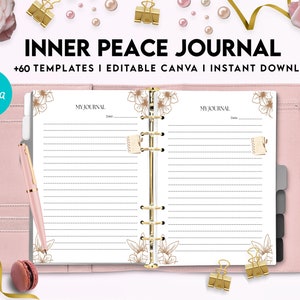 K&ouml;nnte beinhalten: Ein rosa Journal mit goldenen floralen Akzenten und dem Text "MY JOURNAL" auf dem Cover. Das Journal ist auf einer leeren Seite mit liniertem Papier ge&ouml;ffnet. Der Text "INNER PEACE JOURNAL +60 TEMPLATES I EDITABLE CANVA I INSTANT DOWNLOAD" ist oben im Bild sichtbar.