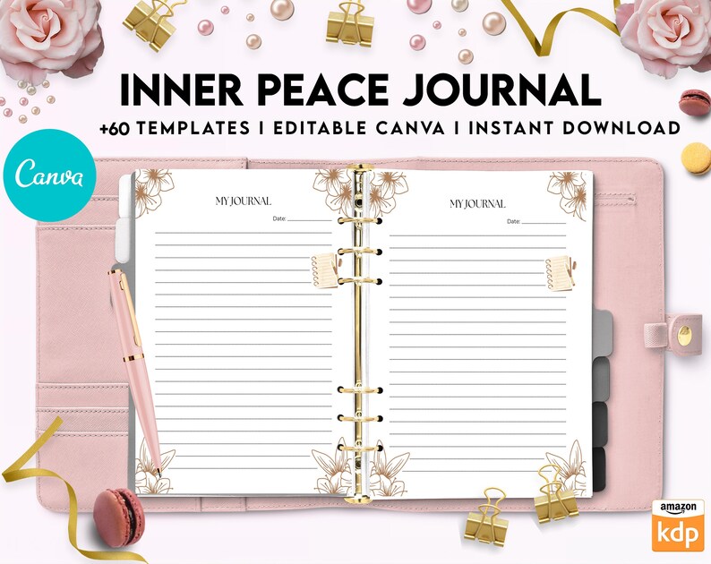K&ouml;nnte beinhalten: Ein rosa Journal mit goldenen floralen Akzenten und dem Text "MY JOURNAL" auf dem Cover. Das Journal ist auf einer leeren Seite mit liniertem Papier ge&ouml;ffnet. Der Text "INNER PEACE JOURNAL +60 TEMPLATES I EDITABLE CANVA I INSTANT DOWNLOAD" ist oben im Bild sichtbar.