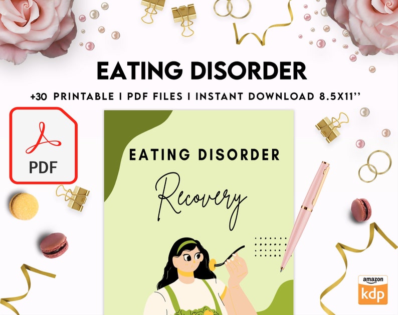 May include: A digital download of printable PDF files for an eating disorder recovery journal. The cover features a green background with the text "Eating Disorder Recovery" and an illustration of a woman holding a fork.