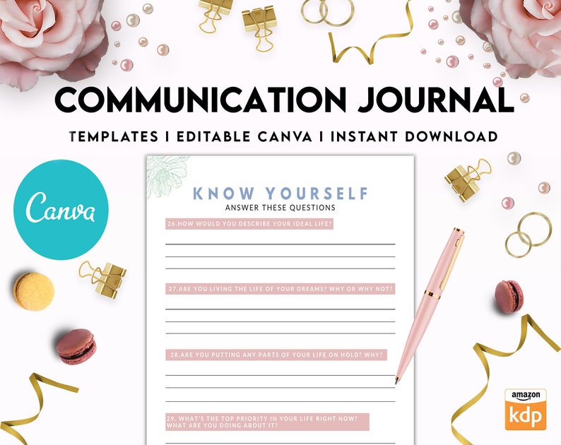 May include: A pink and white printable communication journal with the title "KNOW YOURSELF" and the text "ANSWER THESE QUESTIONS". The journal includes prompts such as "How would you describe your ideal life?" and "What's the top priority in your life right now?"