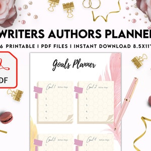 May include: A printable planner for writers and authors with a pink and gold feather design. The planner includes 26 PDF files and is 8.5x11 inches. The text "Goals Planner" is visible on the page.