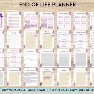 Puede incluir: Un planificador de fin de vida imprimible con un dise&ntilde;o floral. El planificador incluye secciones para informaci&oacute;n personal, informaci&oacute;n m&eacute;dica, informaci&oacute;n financiera, etc. El planificador est&aacute; dise&ntilde;ado para ayudar a las personas a planificar su atenci&oacute;n y deseos de fin de vida.