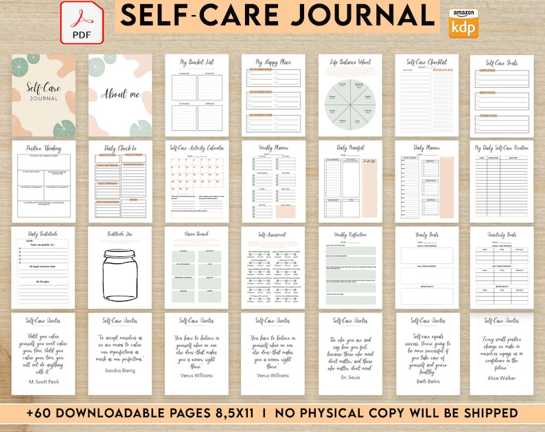 Self-care self love wellness, guided journal With Prompts 63 Pages PDF, 8.5x11' KDP Planner Printable PDF interiors 