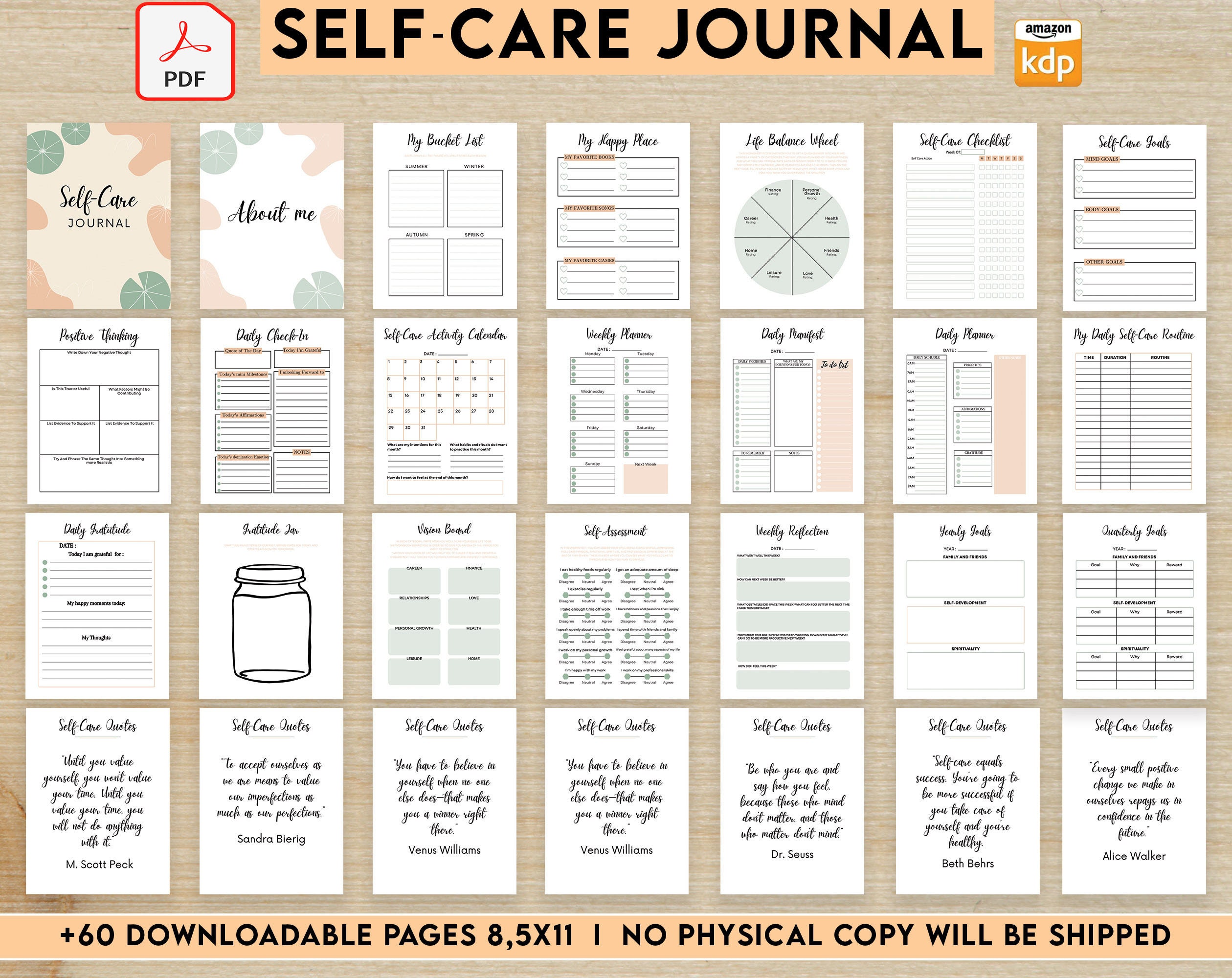 Self-care Self Love Wellness, Guided Journal With Prompts 63 Pages PDF,  8.5x11 KDP Planner Printable PDF Interiors 