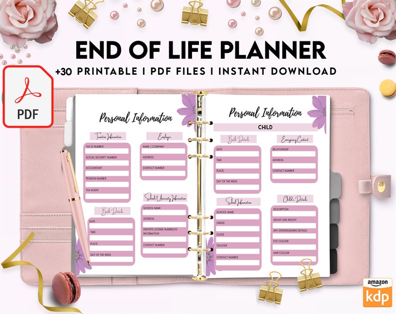 May include: An open end of life planner with white pages featuring purple floral accents and pink text boxes for personal information, child birth details, and school records. A pink pen rests on the left page, and a PDF icon is visible.