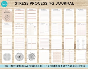 Stress Processing Journal Pages for daily self care, mental health, and emotion list with breakdown worksheets,  Canva Editable Templates